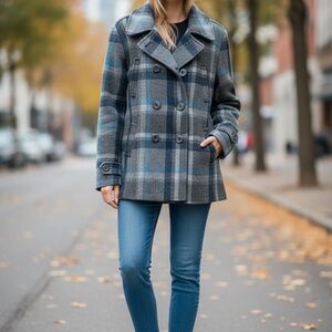 American Eagle Outfitters Blue and Gray Plaid Pea Coat